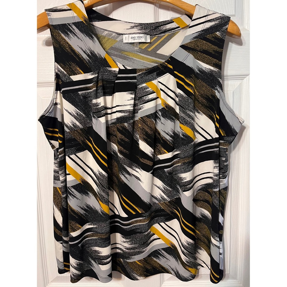 Jones Studio Separates Women 3X Blouse Abstract Brushstroke Pleated Scoop Neck